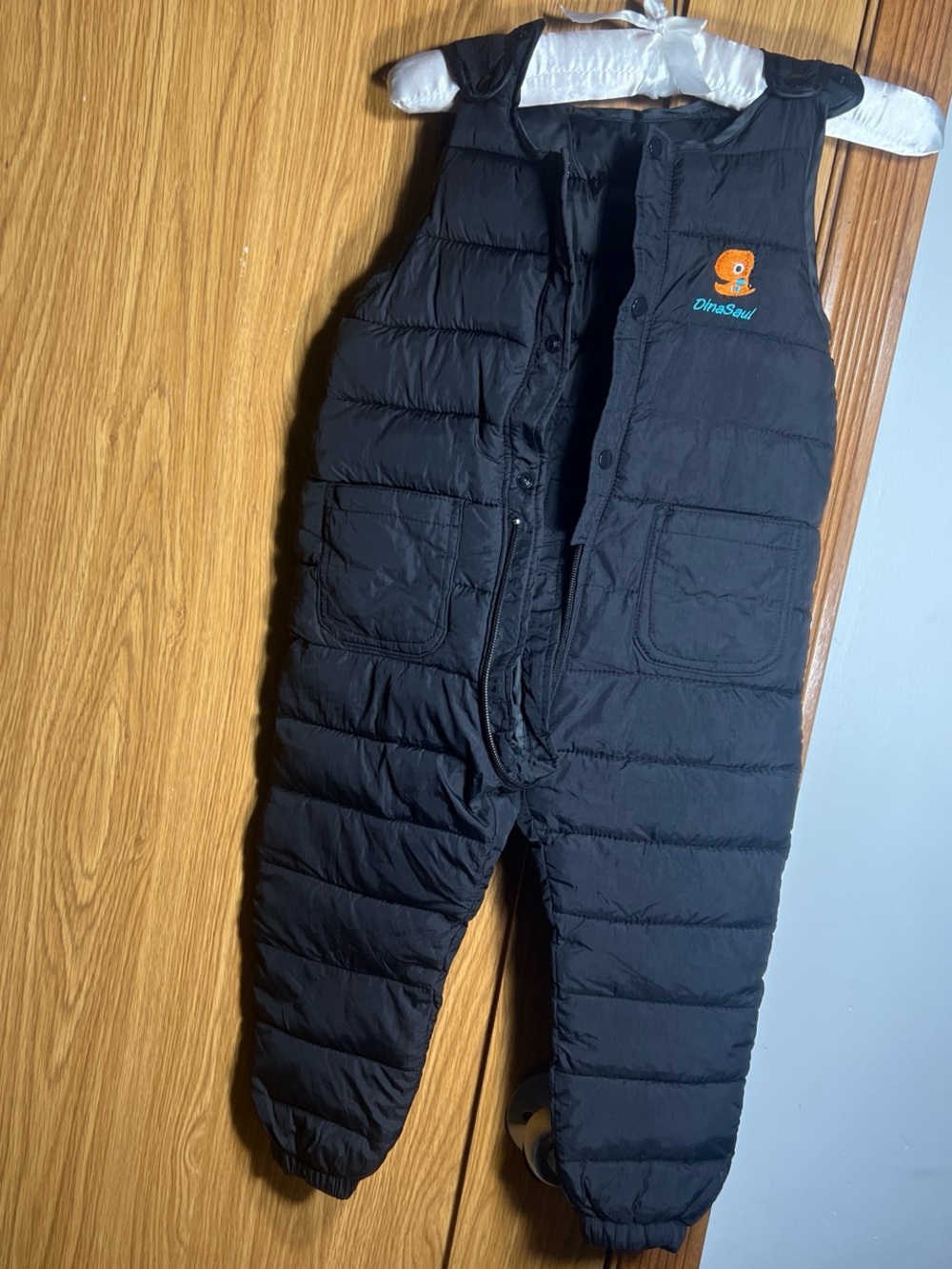 Kids Black Puffer Romper with Dino Patch
